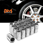 Set of 20 M12X1.25 Silver JDM Open End Cone Wheel Lug Nuts + Spline Lock Key