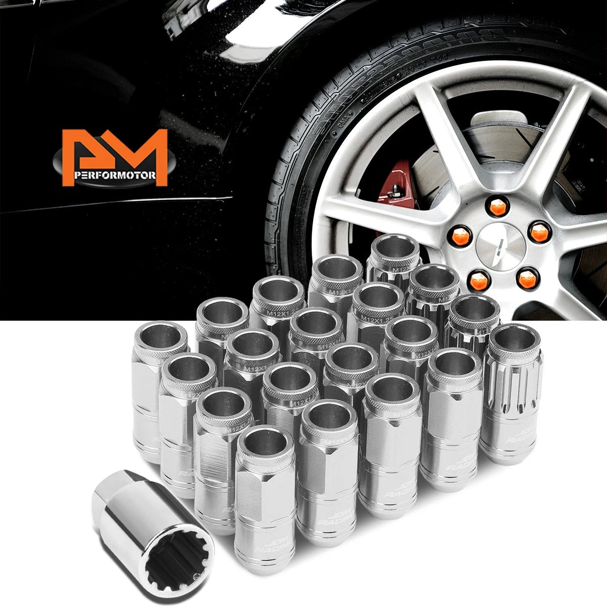 Set of 20 M12X1.25 Silver JDM Open End Cone Wheel Lug Nuts + Spline Lock Key
