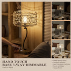Dimmable Desk Lamp with Woven Rattan Shade for Bedroom Table