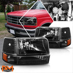 Set of 2 Black Housing Headlight Amber Corner Signal Lamps for Ford F150/F250/F350 (1992–1996)