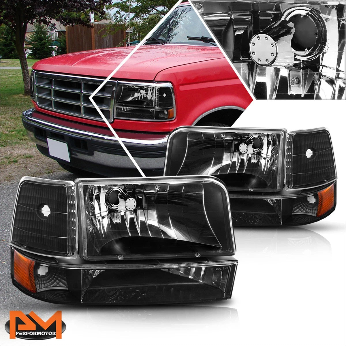 Set of 2 Black Housing Headlight Amber Corner Signal Lamps for Ford F150/F250/F350 (1992–1996)