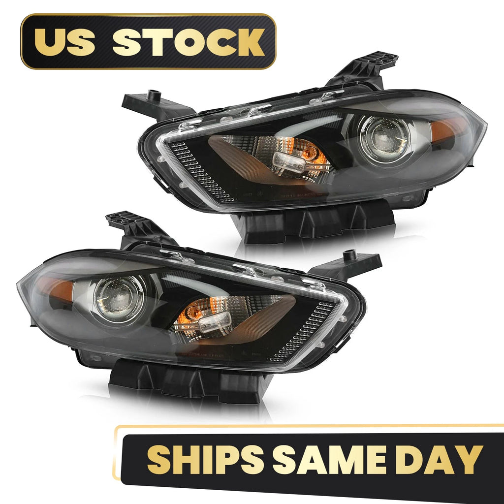 Halogen Headlight Set for Dodge Dart (2013–2016) w/Black Trim, Left+Right