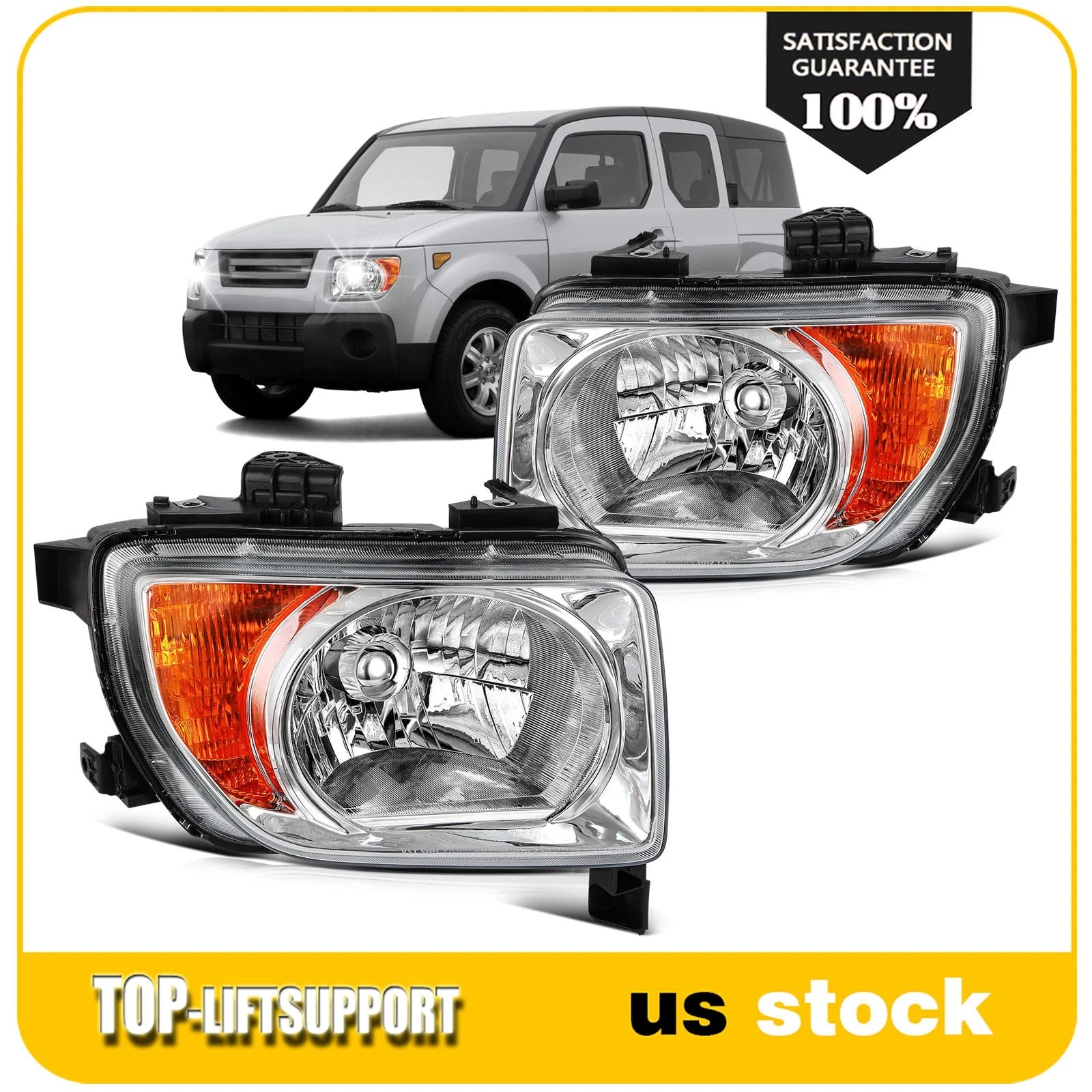 Set of 2 Headlight Assemblies for Honda Element (2003–2008) Chrome Housing