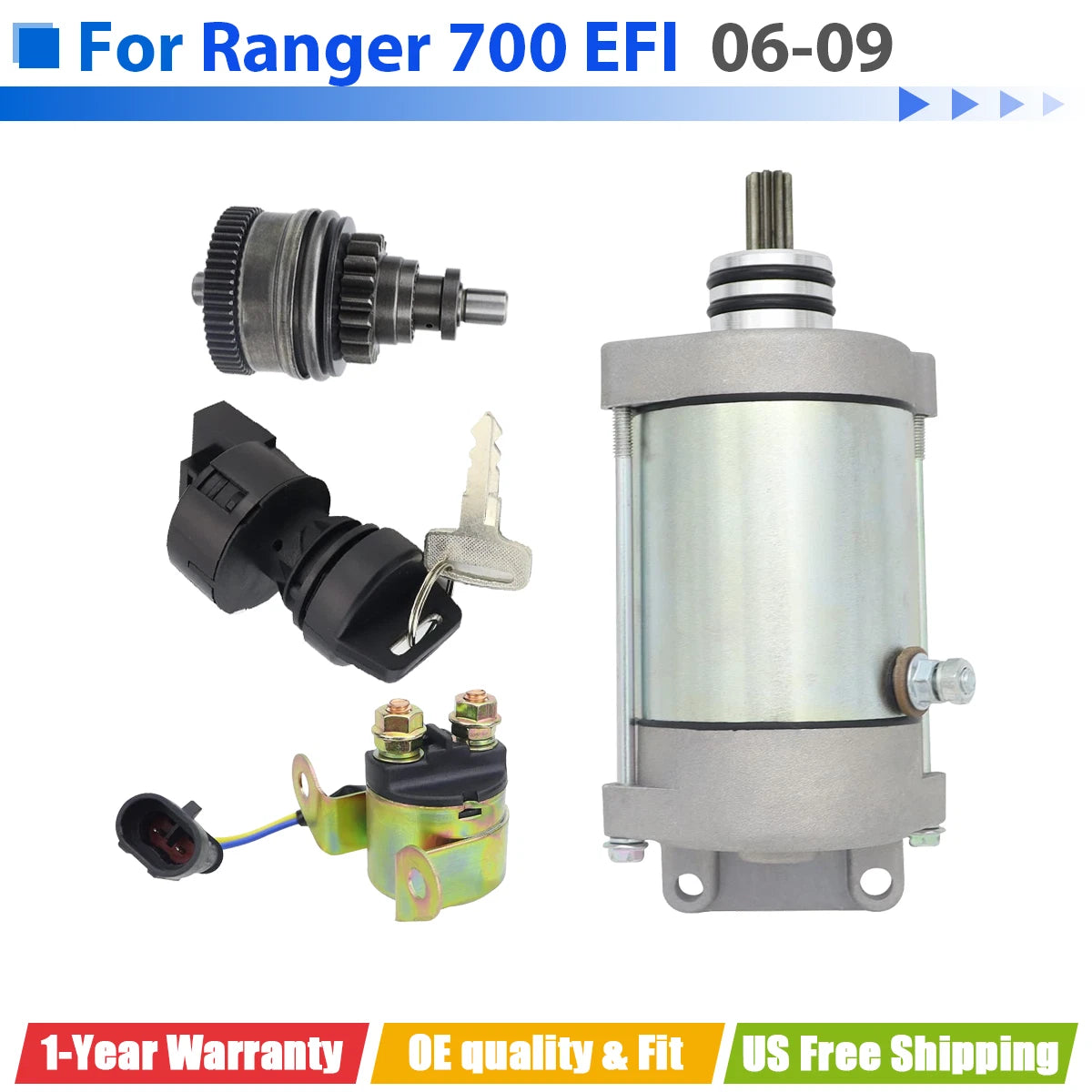 Starter for Polaris Ranger 700 6X6 EFI (2006–2009) W/Bendix, Relay, Key Switch