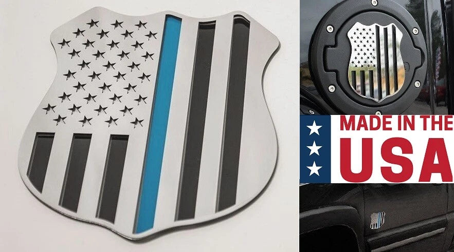 Police Shield Thin Blue Line Emblem Polished Stainless Badge for Car (5in)