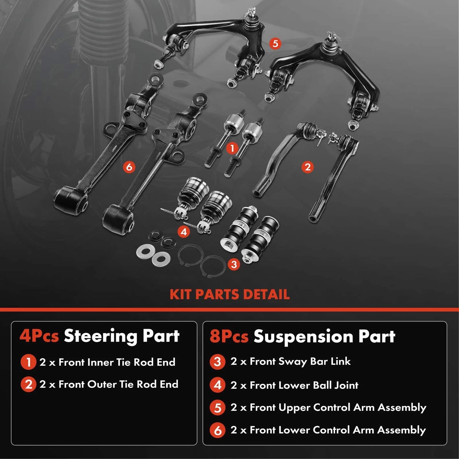 Set of 12 Front Control Arm Sway Bar Tie Rod Ends for Honda Accord Odyssey