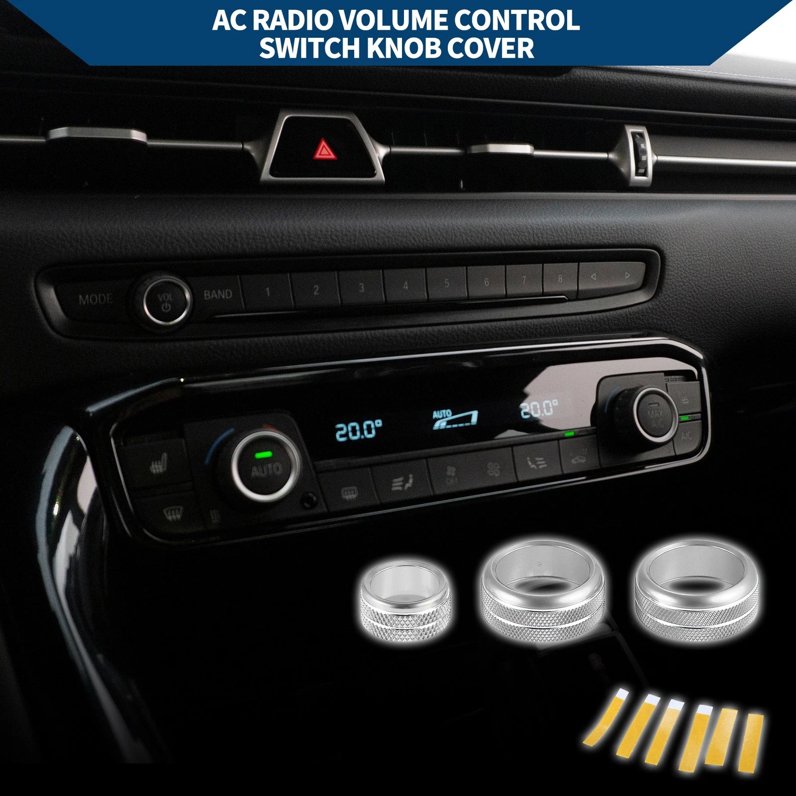 Set of 3 AC Radio Switch Knob Cover Rings for Toyota Supra (2018–2022) Silver Tone