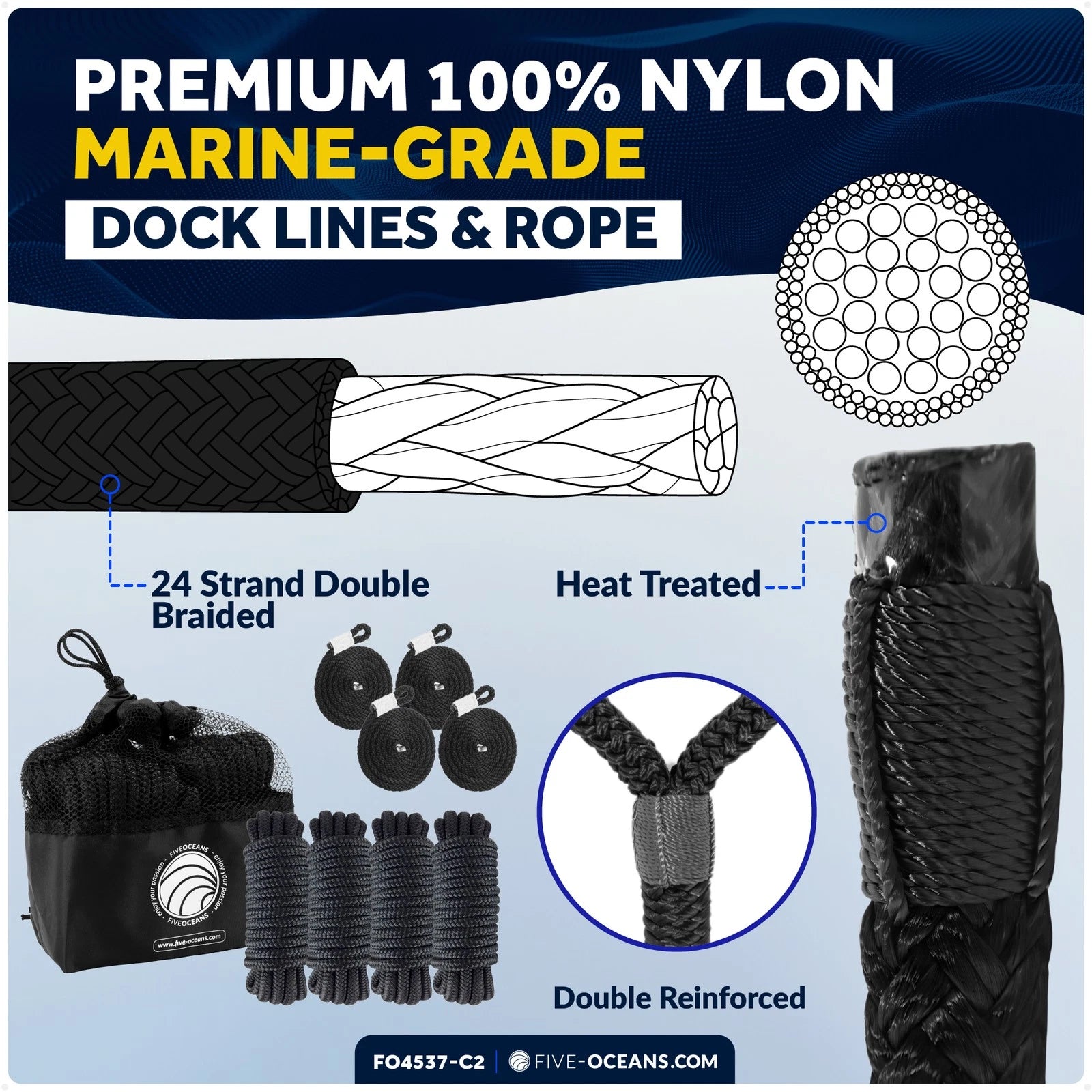 Set of 4 Boat Fenders 4.5" x 16" with 3/8" x 15' Dock Lines