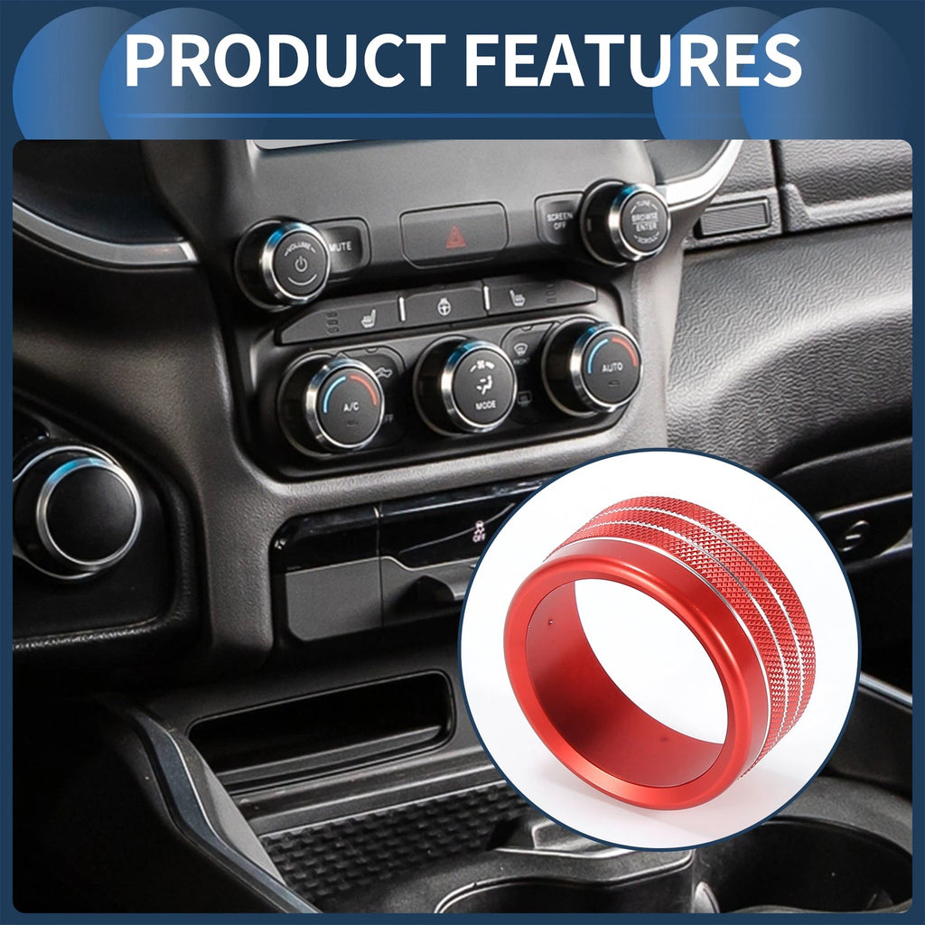Set of 5 AC Media Volume Switch Knob Cover Rings for Dodge RAM (2018–2022) Red
