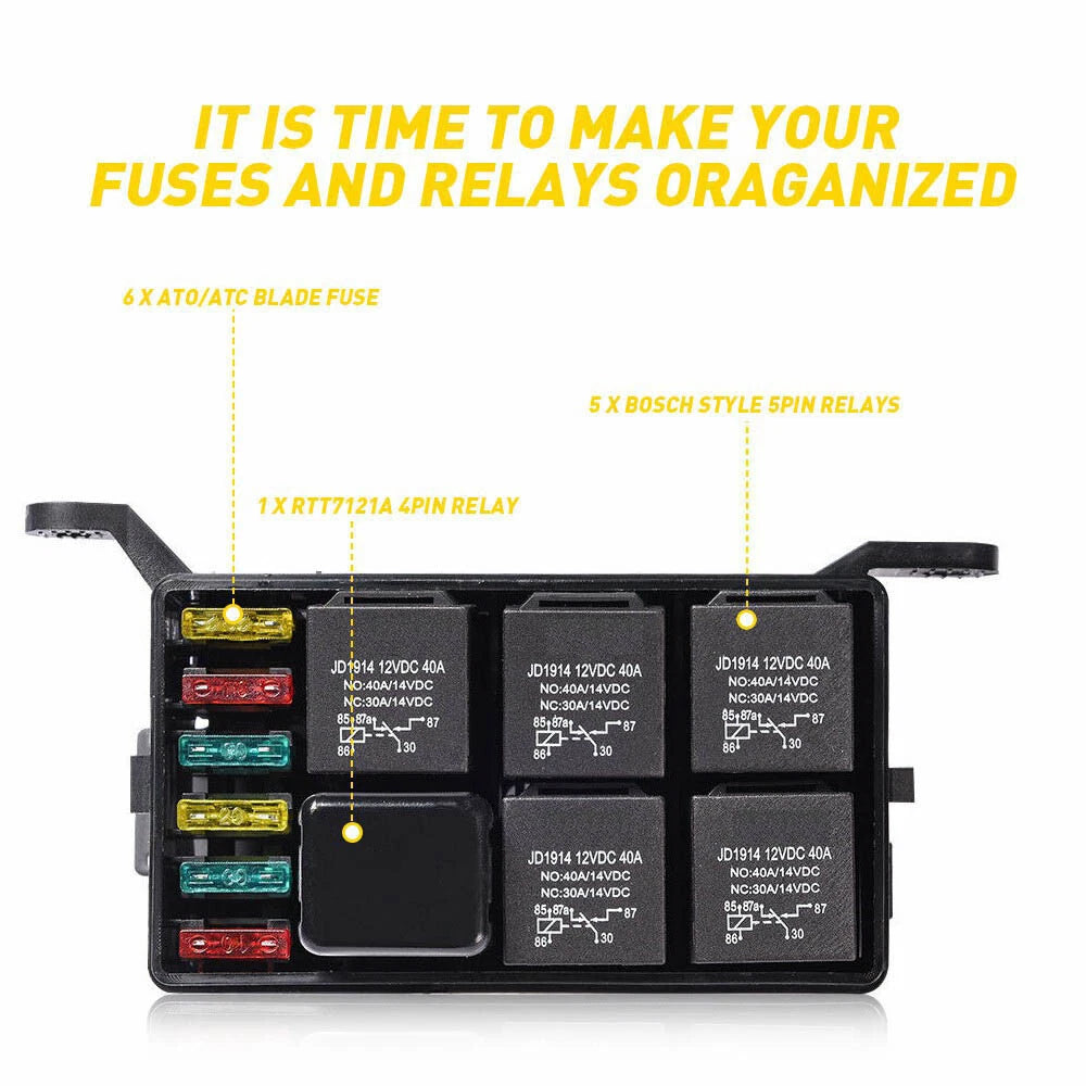 Fuse Box Block Holder for Auto Car Truck (6 Relay & 6 Fuse Slots)