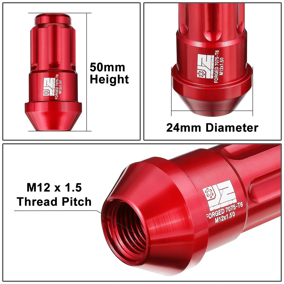 Set of 20 Closed End Lug Nuts M12 x 1.5 for J2 (Red, 24mm Diameter, 50mm Height)