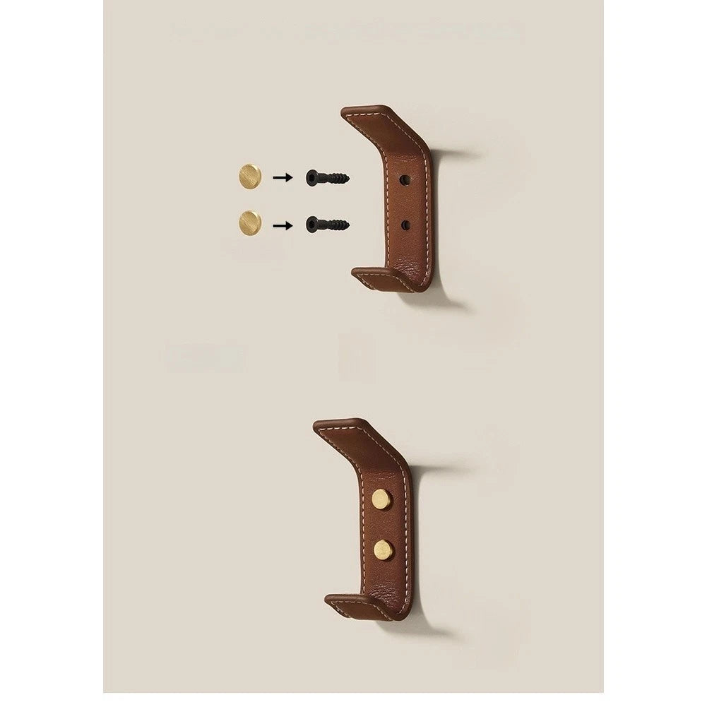 Set of 2 Modern Two-Bar Wall Hooks with Leather Detail for Entryway