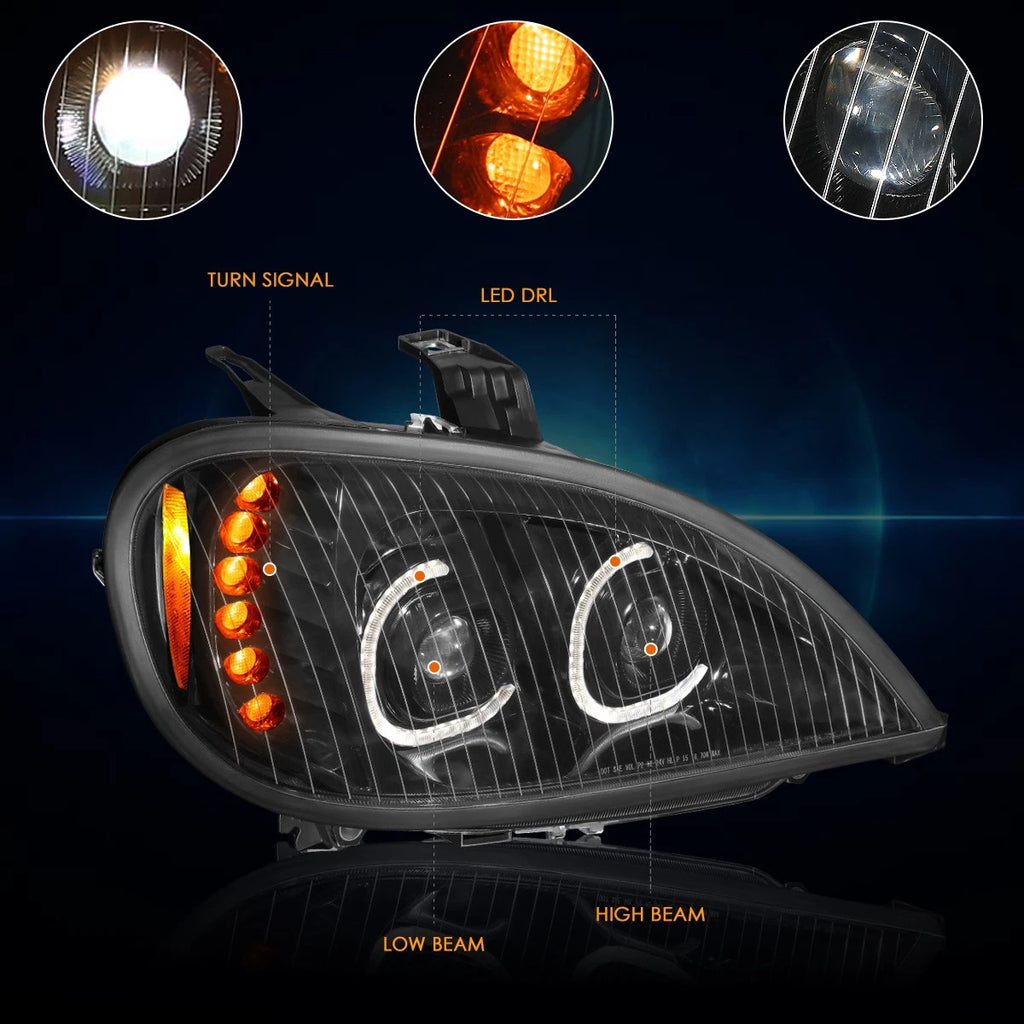 Pair LED DRL Dual Projector Headlights for Freightliner Columbia (2004–2017)