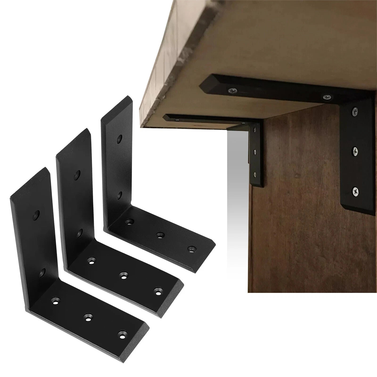 Set of 3 Heavy Duty Black Steel Countertop Support Brackets 6"x8"