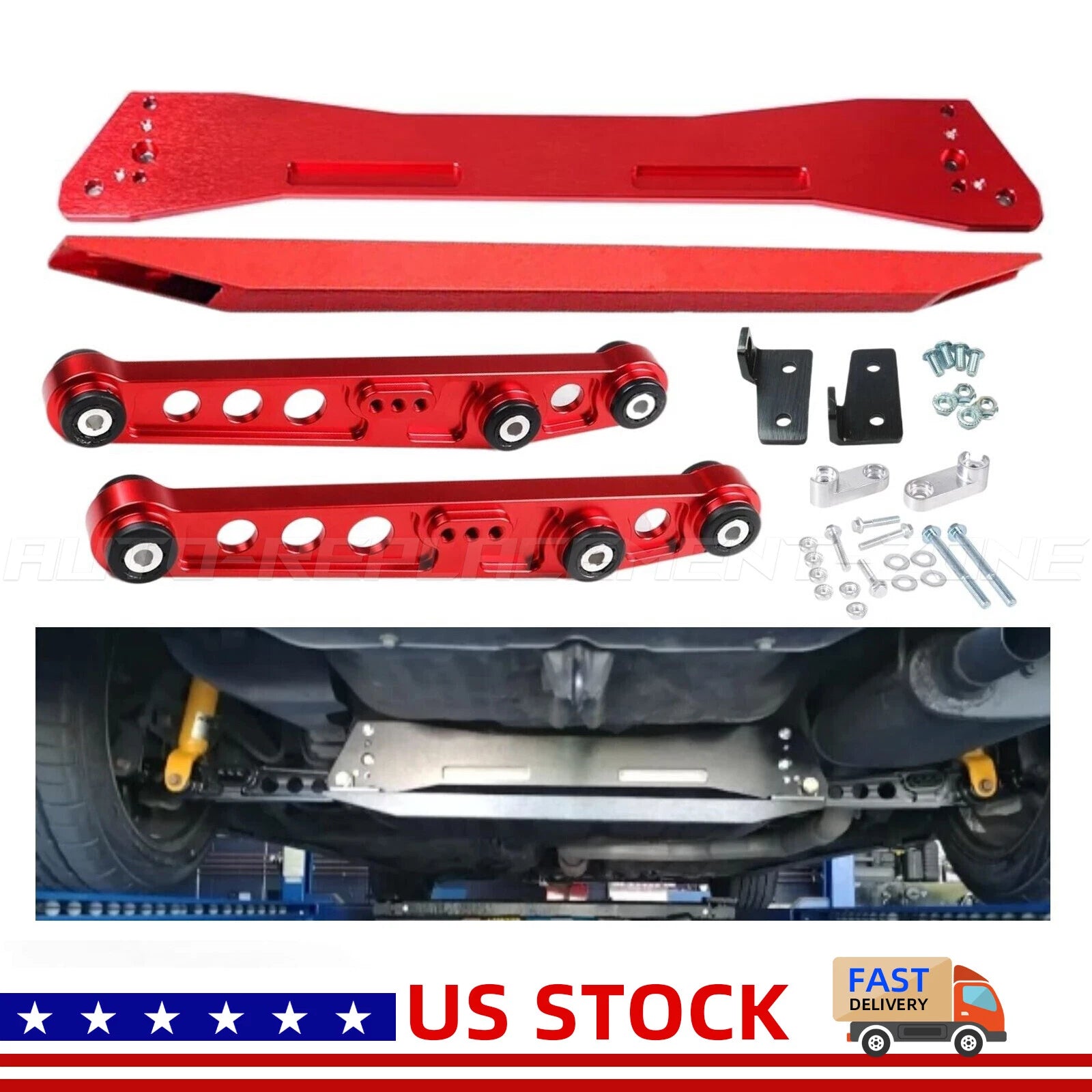 Red Rear Lower Control Arms + Subframe Brace + Tie Bar for Honda Civic EG (1992–1995)