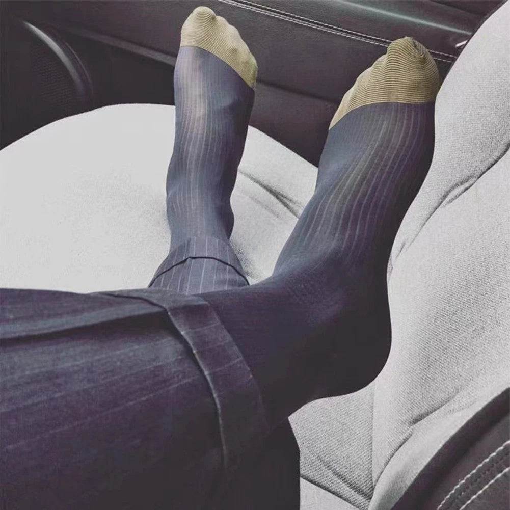 Knee High Dress Socks for Men - Ultra Thin Sheer Silky Striped (1 Pair)