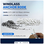 Windlass Anchor Rode 1/2"x200' Rope & 1/4"x15' G4 Chain for Boats