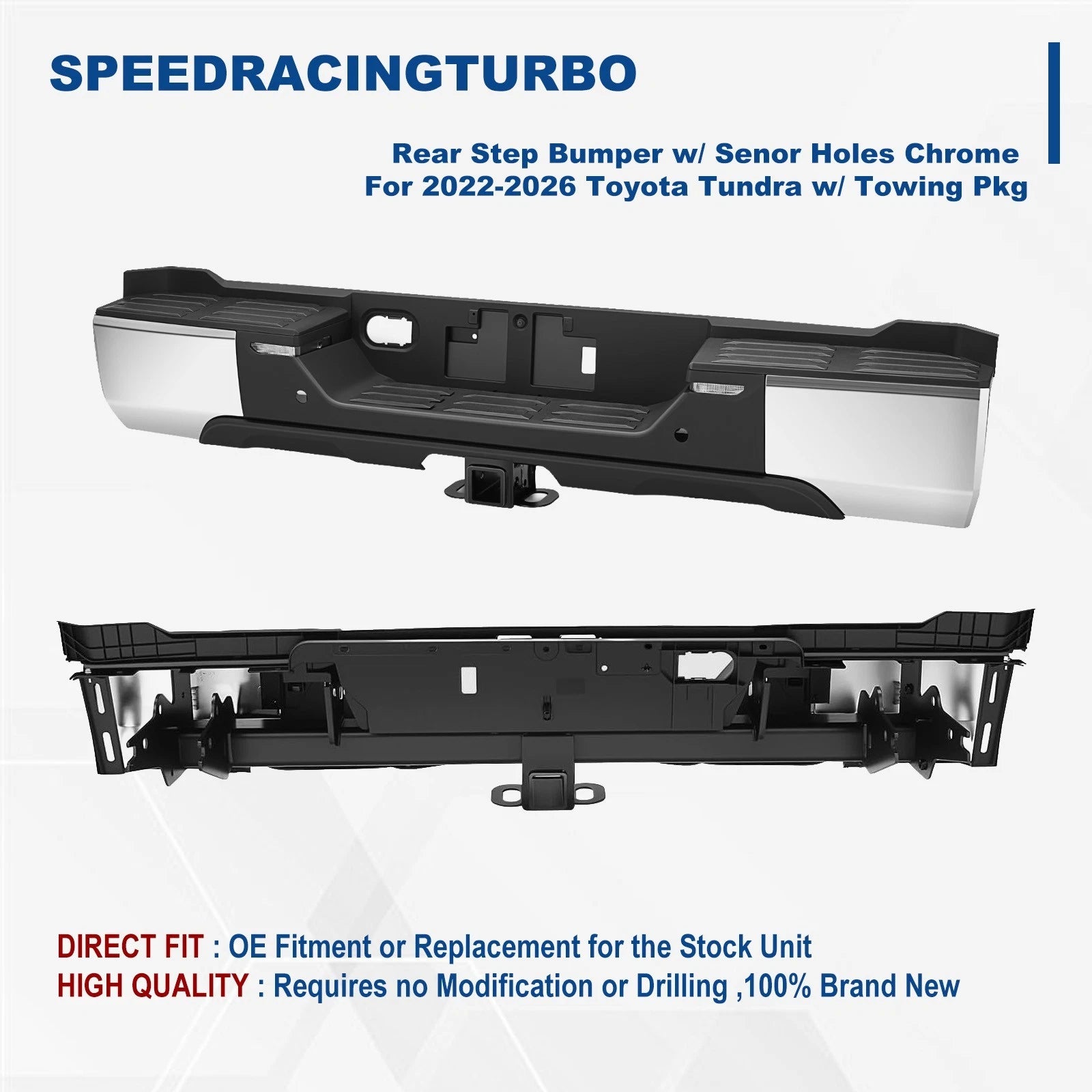 Chrome Rear Step Bumper with Sensor Holes & LED Back-Up Lamp for Toyota Tundra (2022–2026)