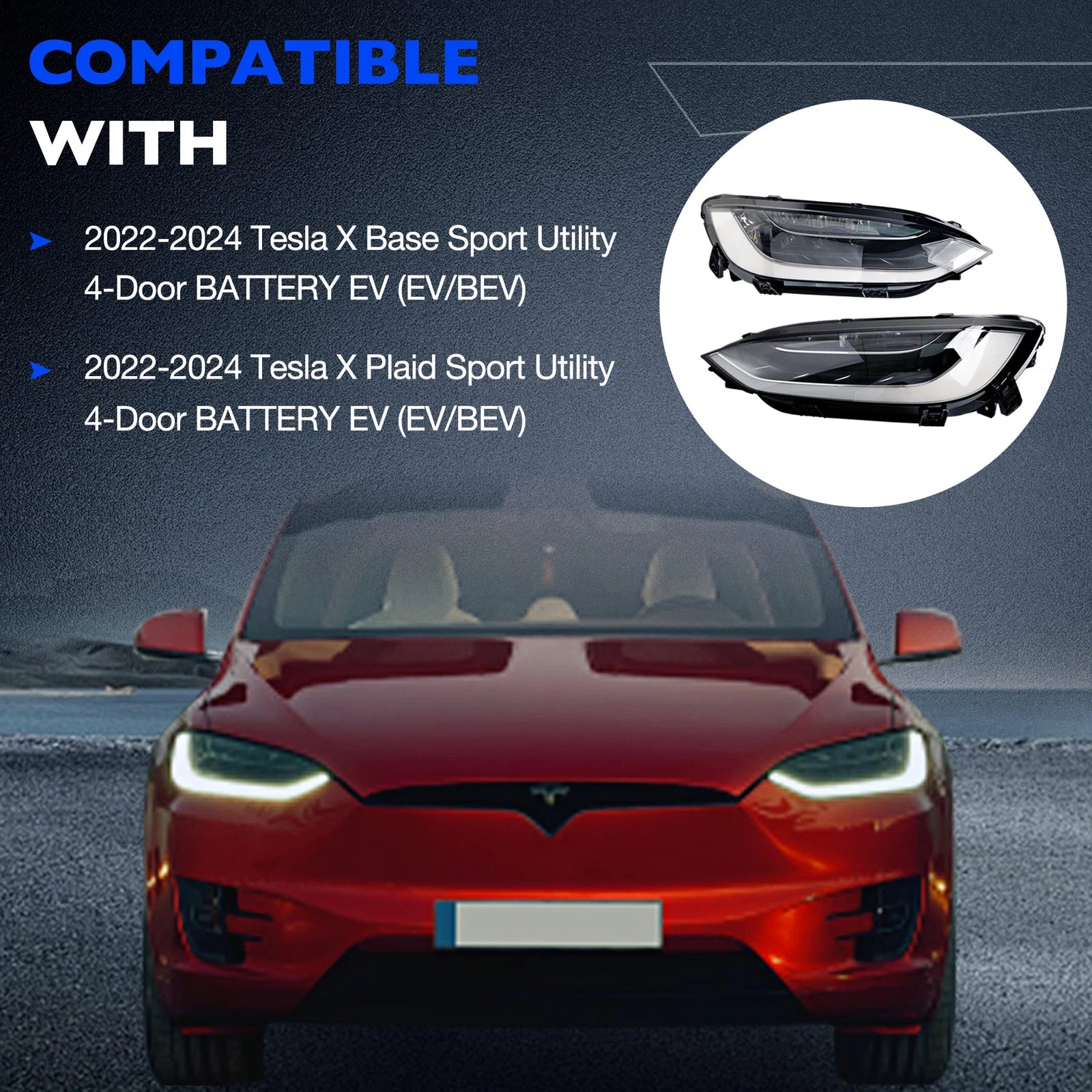 2X LED Headlight Assembly for Tesla Model X Plaid (2022-2024)