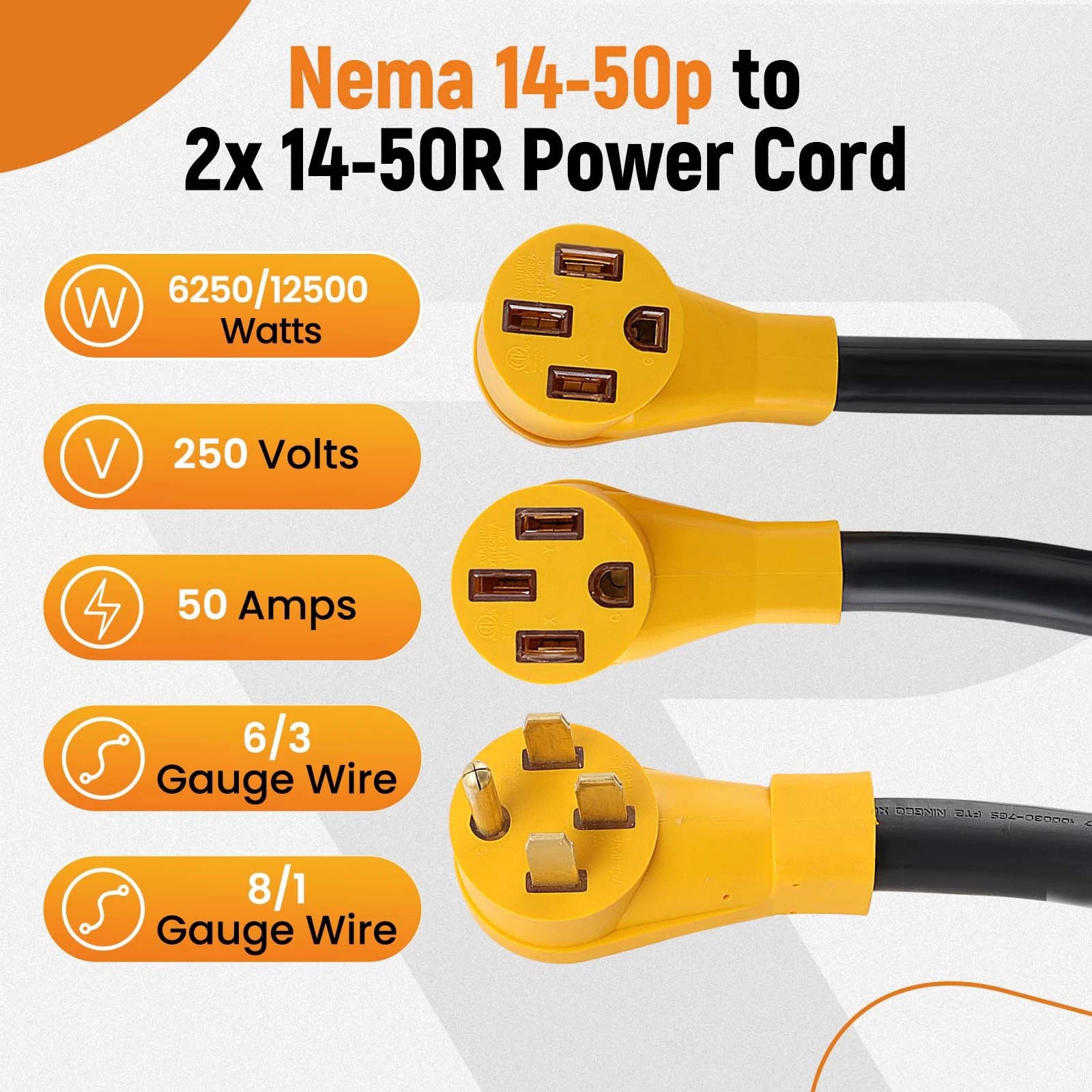 Male-to-Female 50 Amp 14-50 Y Split Plug Extension Cord for Tesla Model 3/S/X (2017–2023)