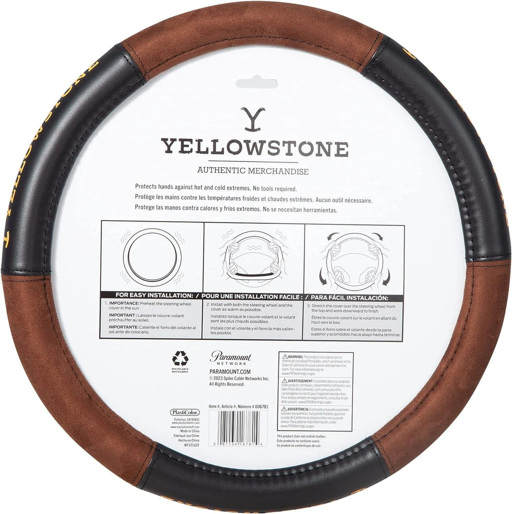 Plasticolor Steering Wheel Cover for - Yellowstone Logo Suede Leather Brown and Black