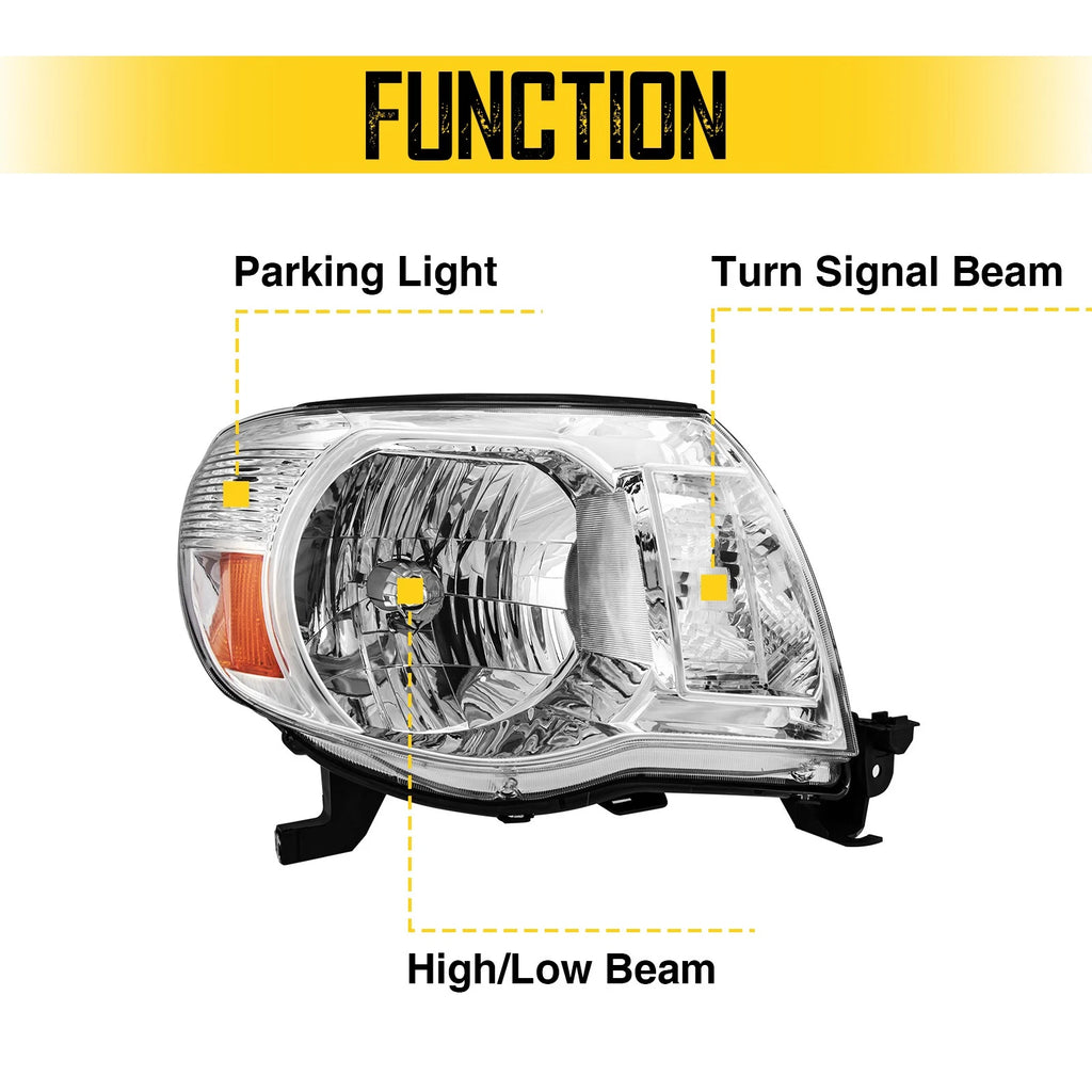 Headlight Assembly for 2005–2011 Toyota Tacoma Halogen L&R Chrome Amber Reflector