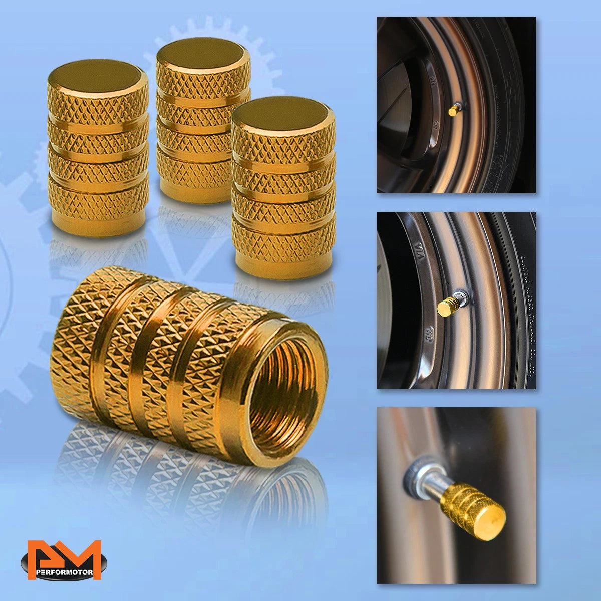 Set of 4 Gold Aluminum Tire Stem Caps for Universal Vehicles