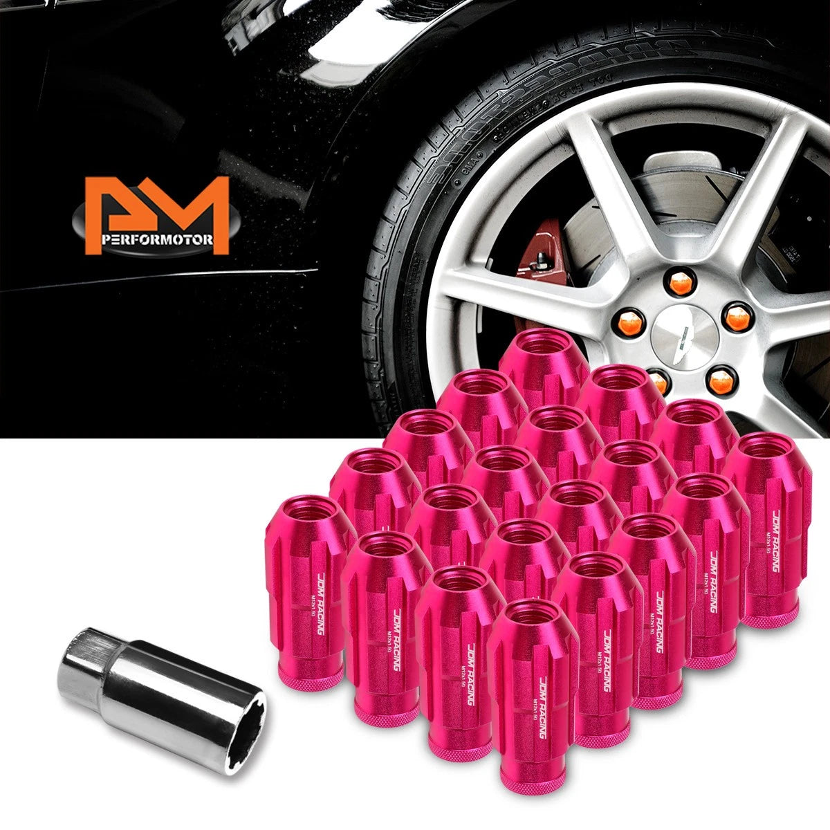 Set of 20 Pink Open-End Aluminum Wheel Lug Nuts M12X1.5 24mm OD 50mm Tall