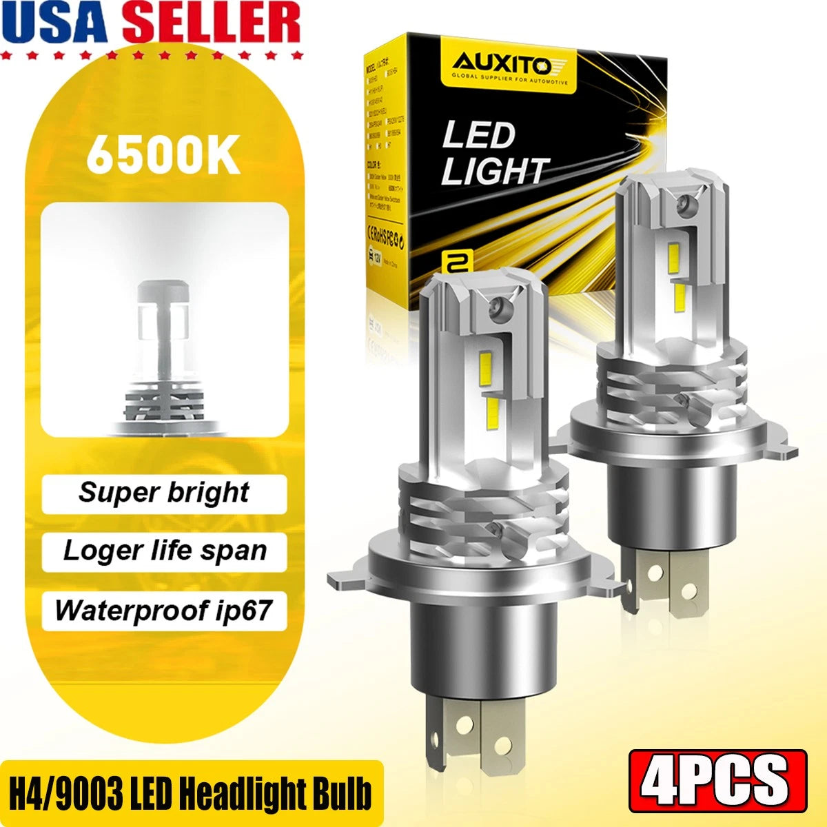 Set of 4 H4 9003 LED Headlight Bulbs for Various Vehicles (10000LM)