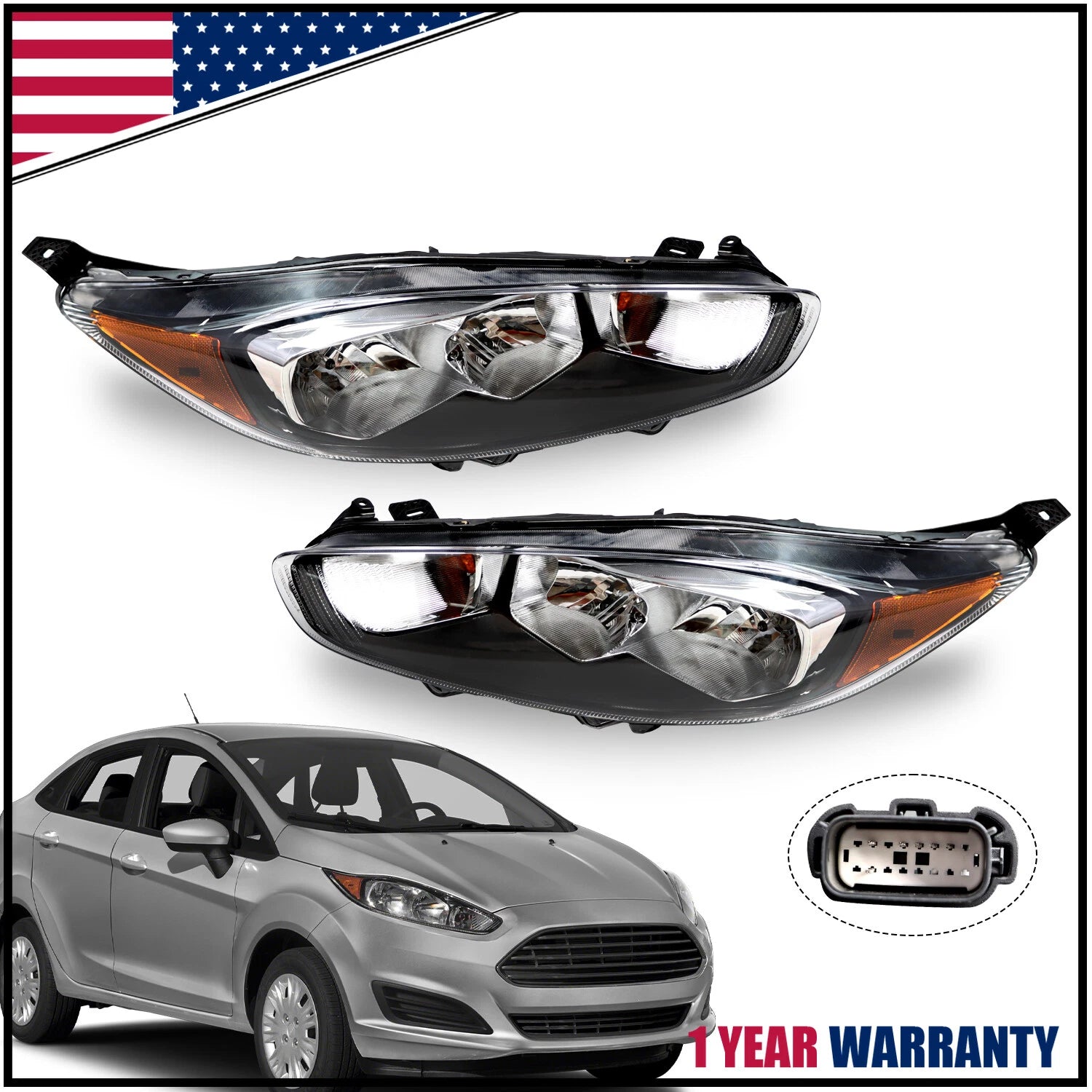 Headlight Pair for Ford Fiesta (2014–2019) - Left + Right - Black