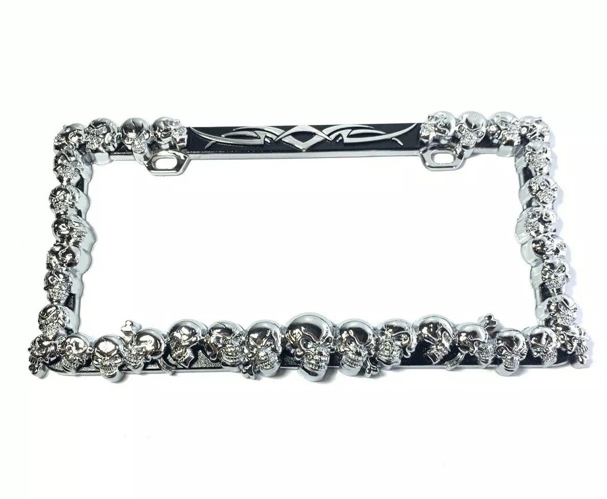 License Plate Frame Holder Black Chrome Metal Skull for Universal Car SUV Truck (Any Year)
