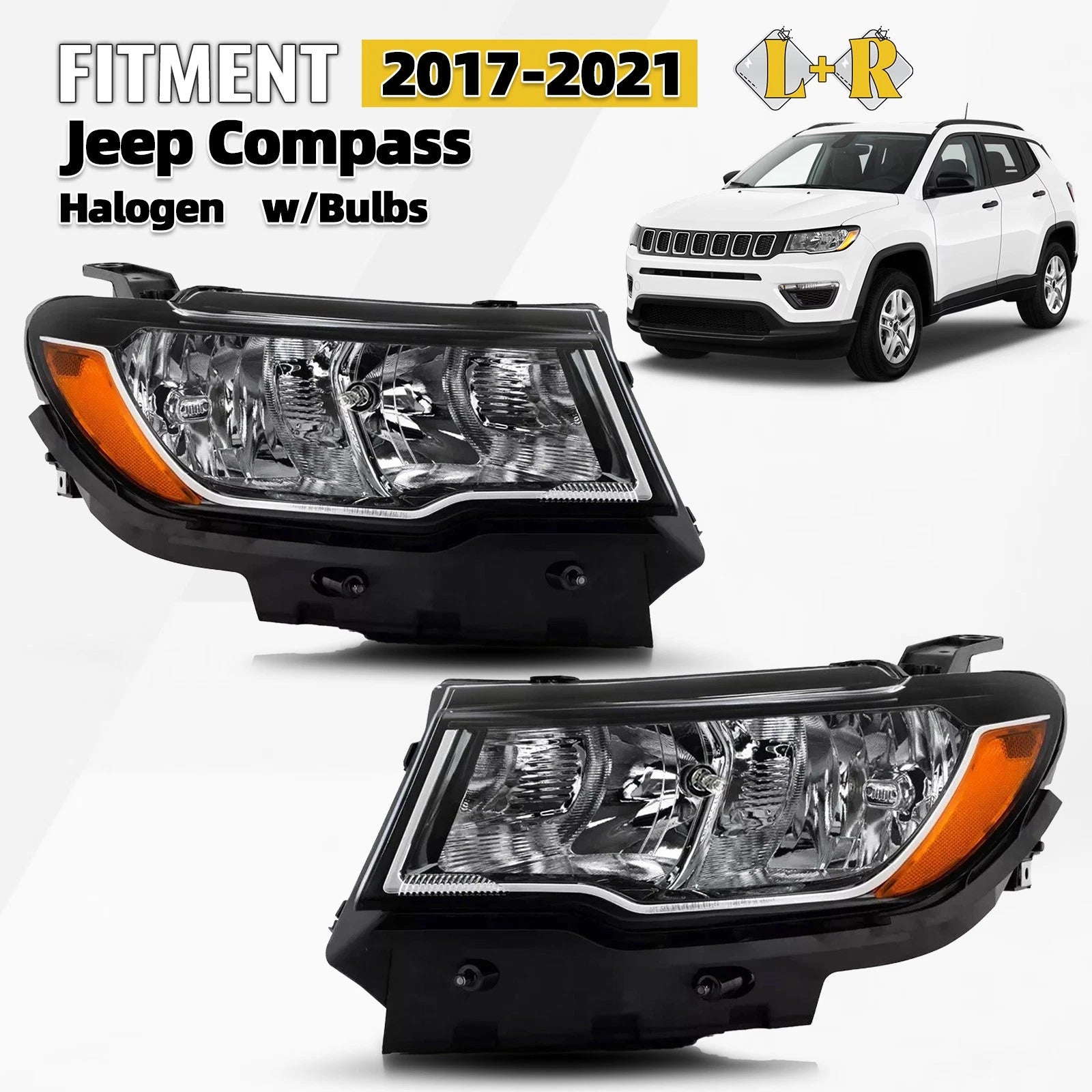 Halogen Headlight Set for Jeep Compass (2017–2021) w/ Bulbs Left+Right