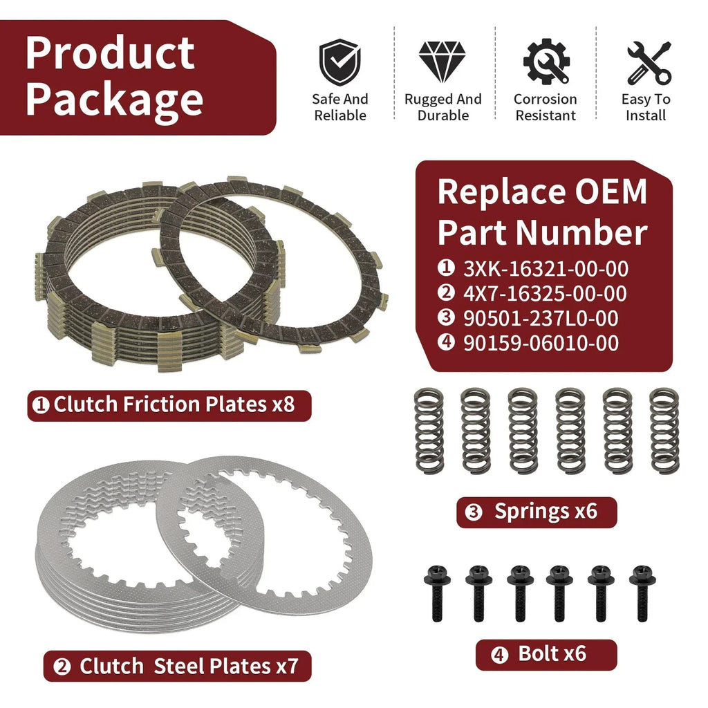 Clutch Friction Steel Plates w Spring Bolt for Yamaha YZ250 (2002–2024)