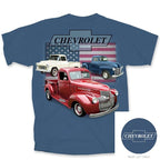 Indigo Blue Vintage Chevy Trucks Bowtie T-Shirt with American Flag Background