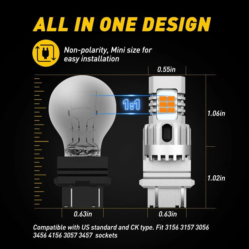 2X 3157 CANBUS LED Amber Yellow Turn Signal Bulbs for Vehicles