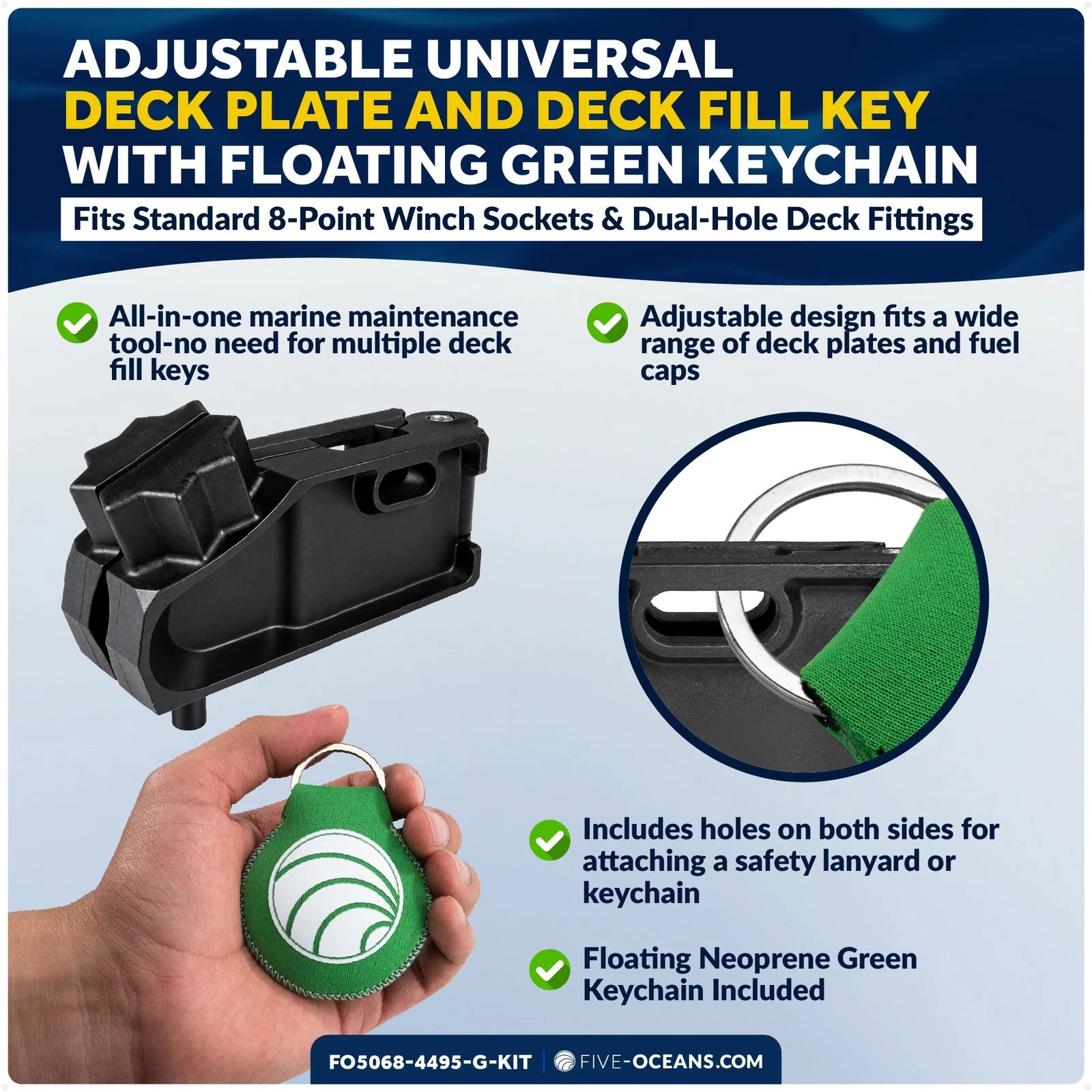 Adjustable Universal Deck Plate and Fill Key with Floating Green Keychain