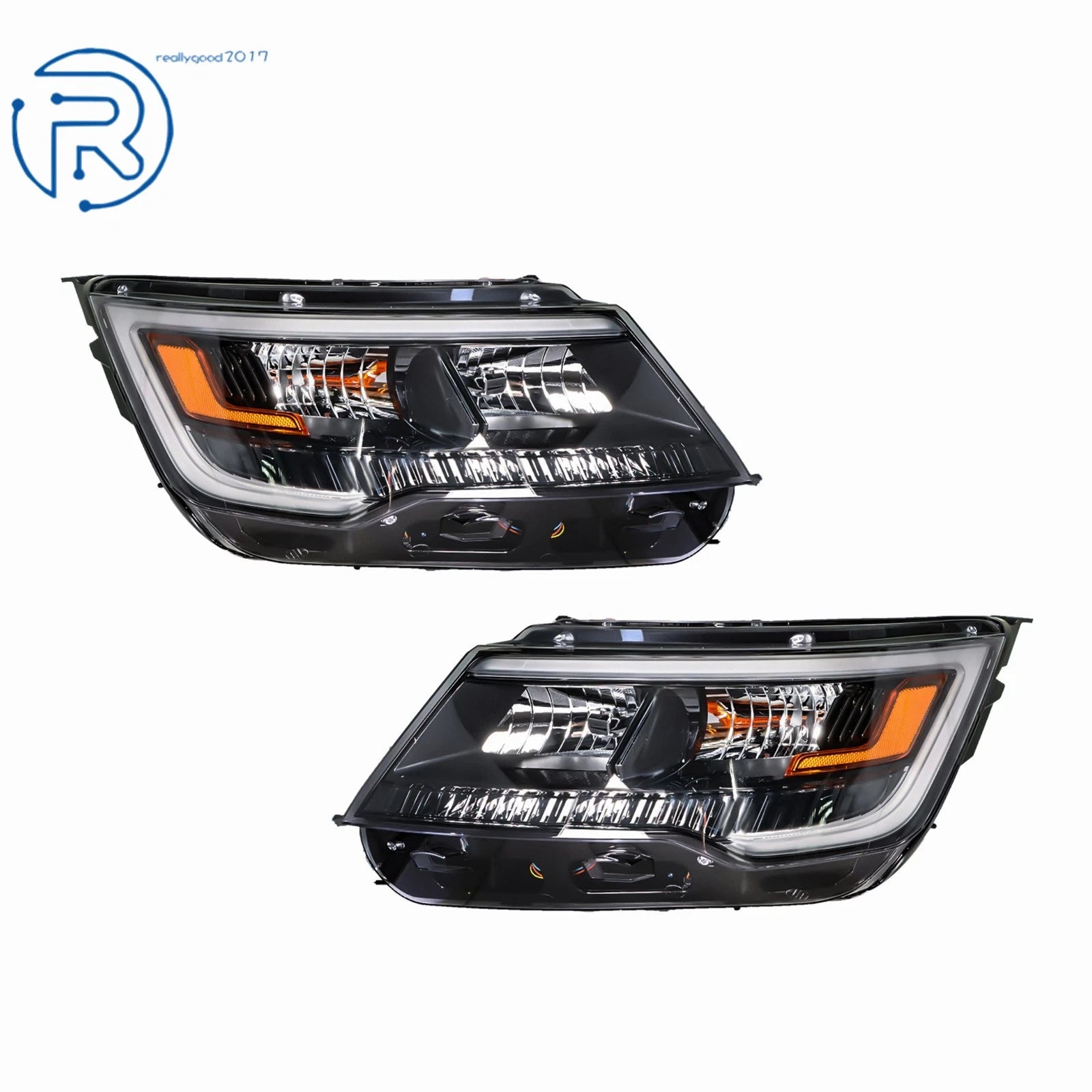 Pair of Black Halogen Headlights with LED DRL for Ford Explorer (2016-2019)