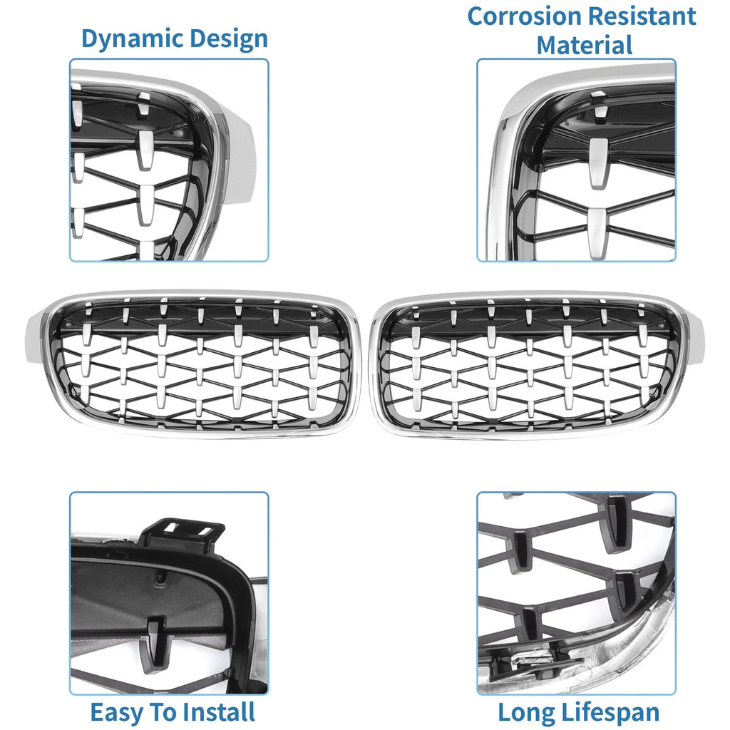 1 Pair Front Hood Bumper Grille for BMW 3 Series (2013–2018) Silver Tone