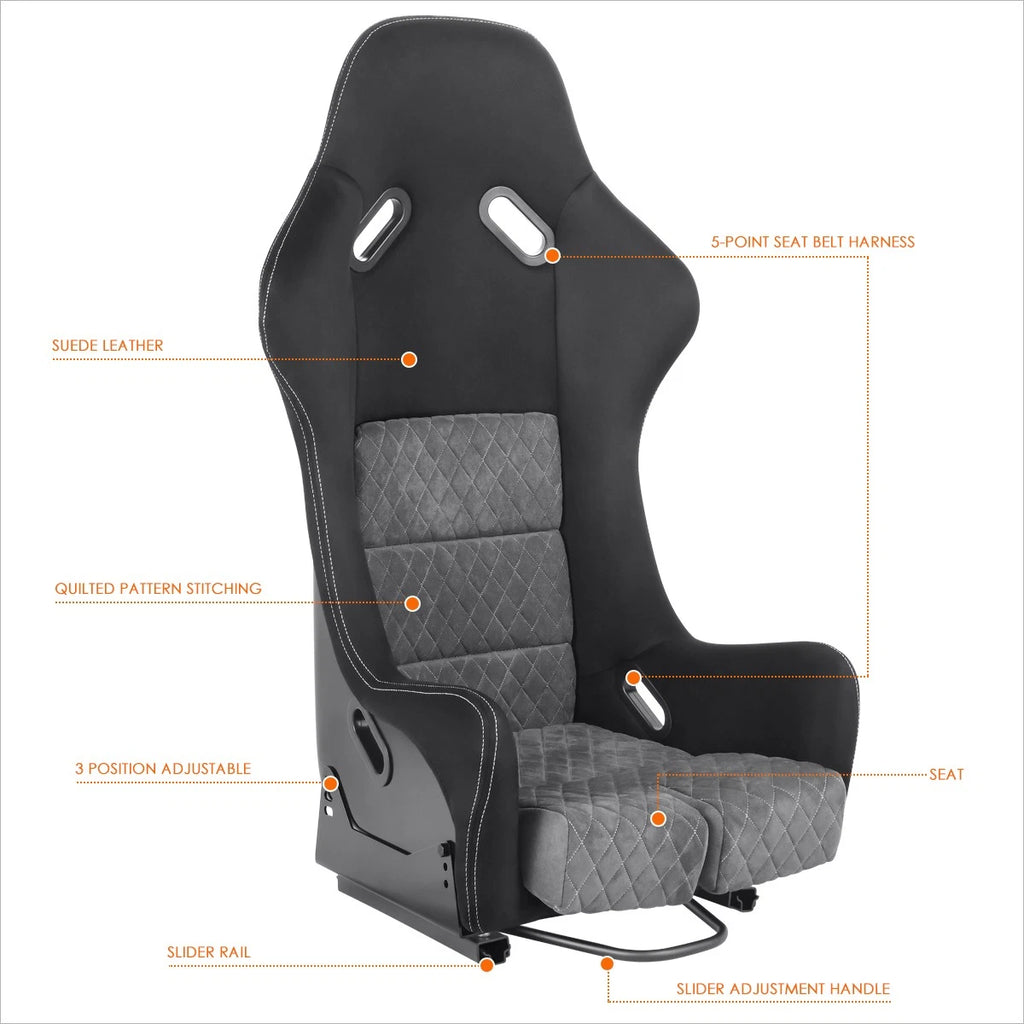 Pair of Suede Leather Racing Bucket Seats for Universal Fit (Fixed Position)