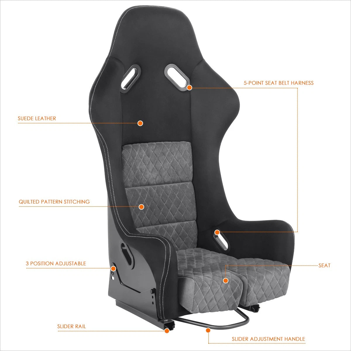 Pair of Suede Leather Racing Bucket Seats for Universal Fit (Fixed Position)