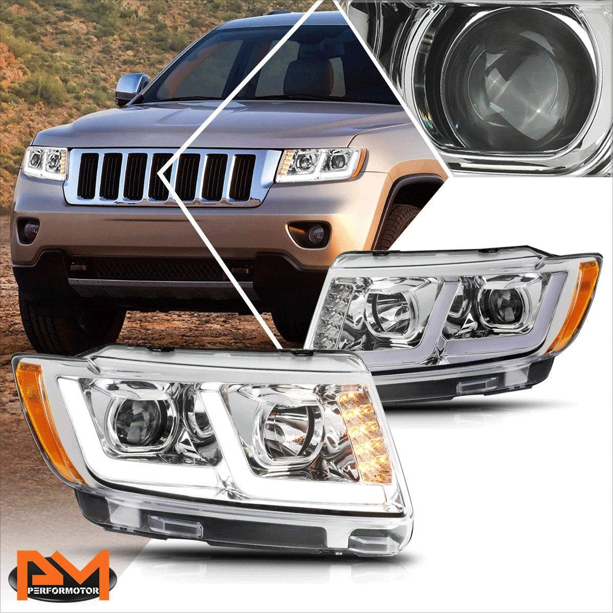 LED DRL+Signal Projector Headlight for Grand Cherokee (2011–2013) Chrome/Amber