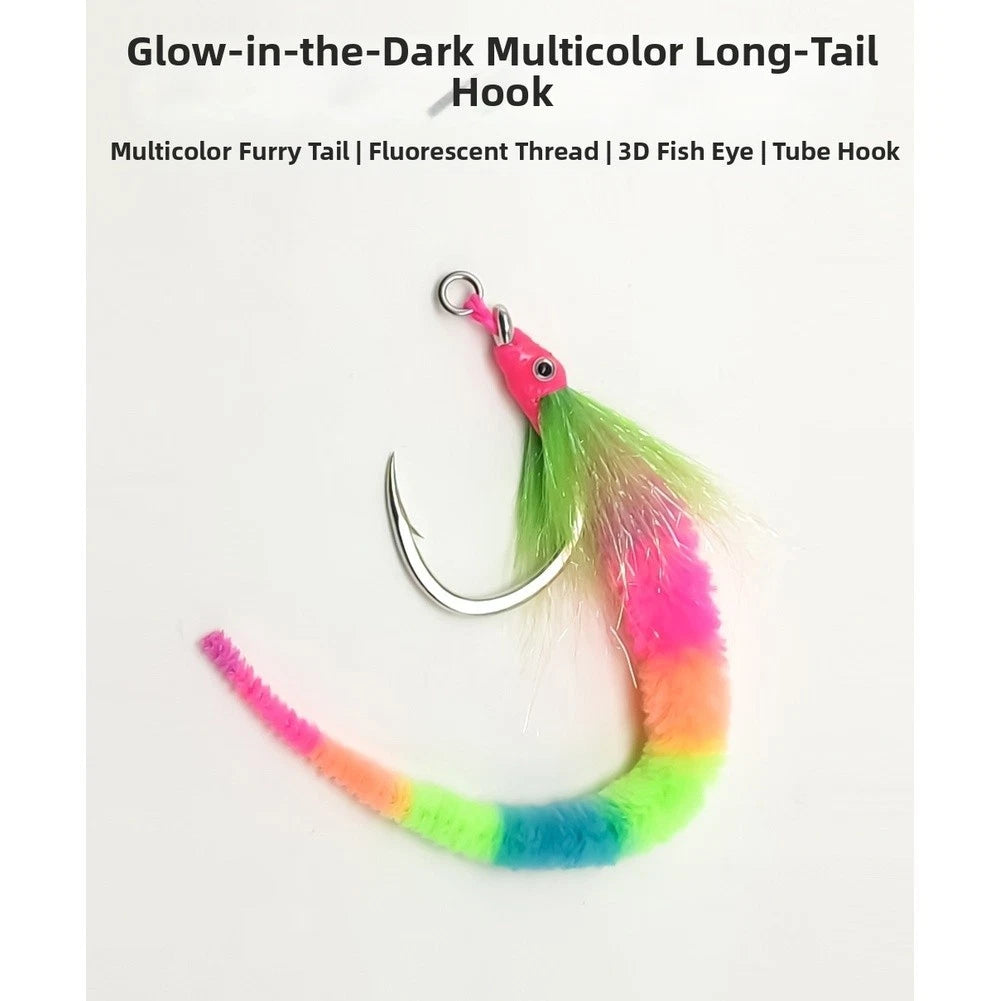 Fishing Hook Glow in Dark with Colorful Tail and 3D Eye Feature