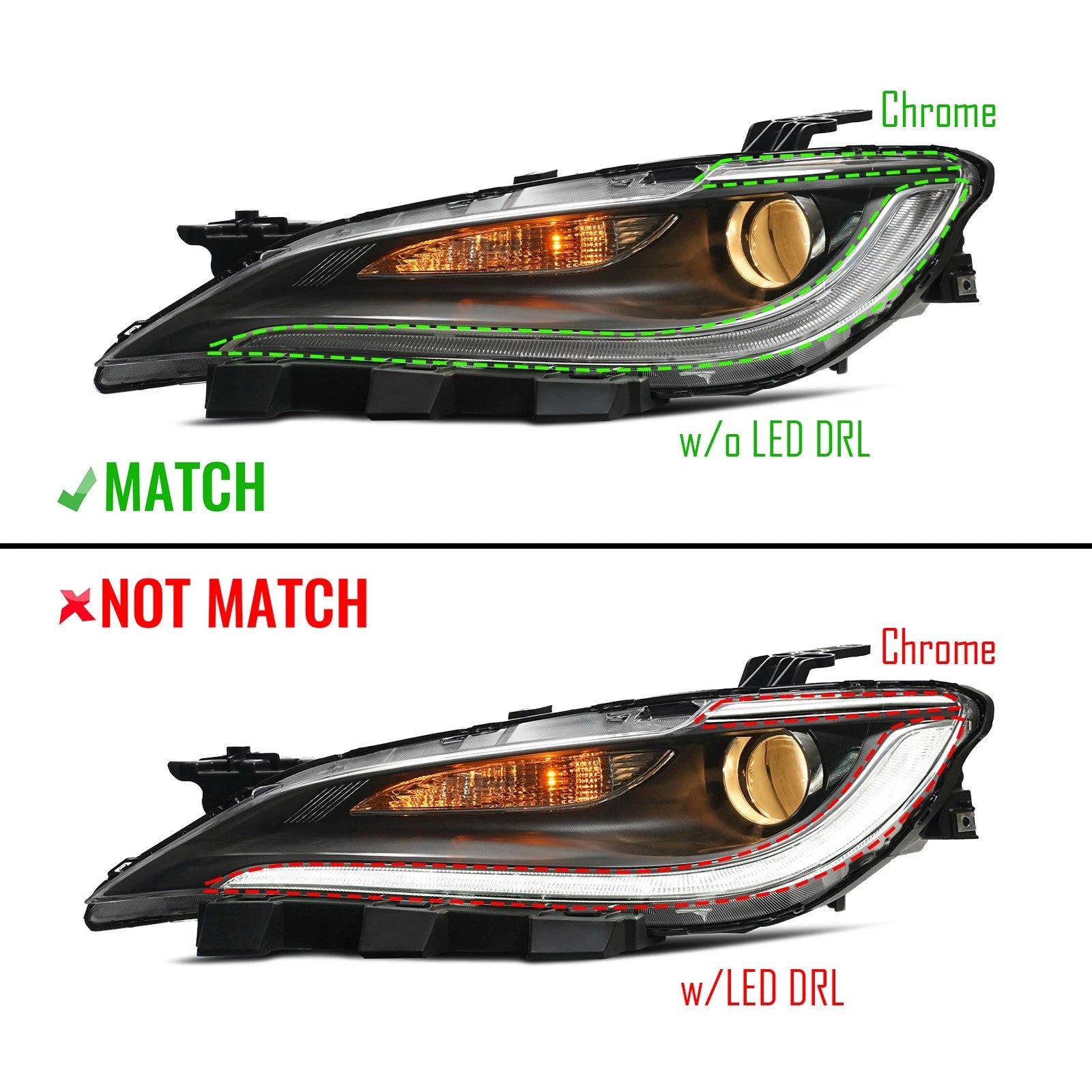 Halogen Headlight for Chrysler 200 (2015–2017) w/o LED DRL, Chrome Trim, Left