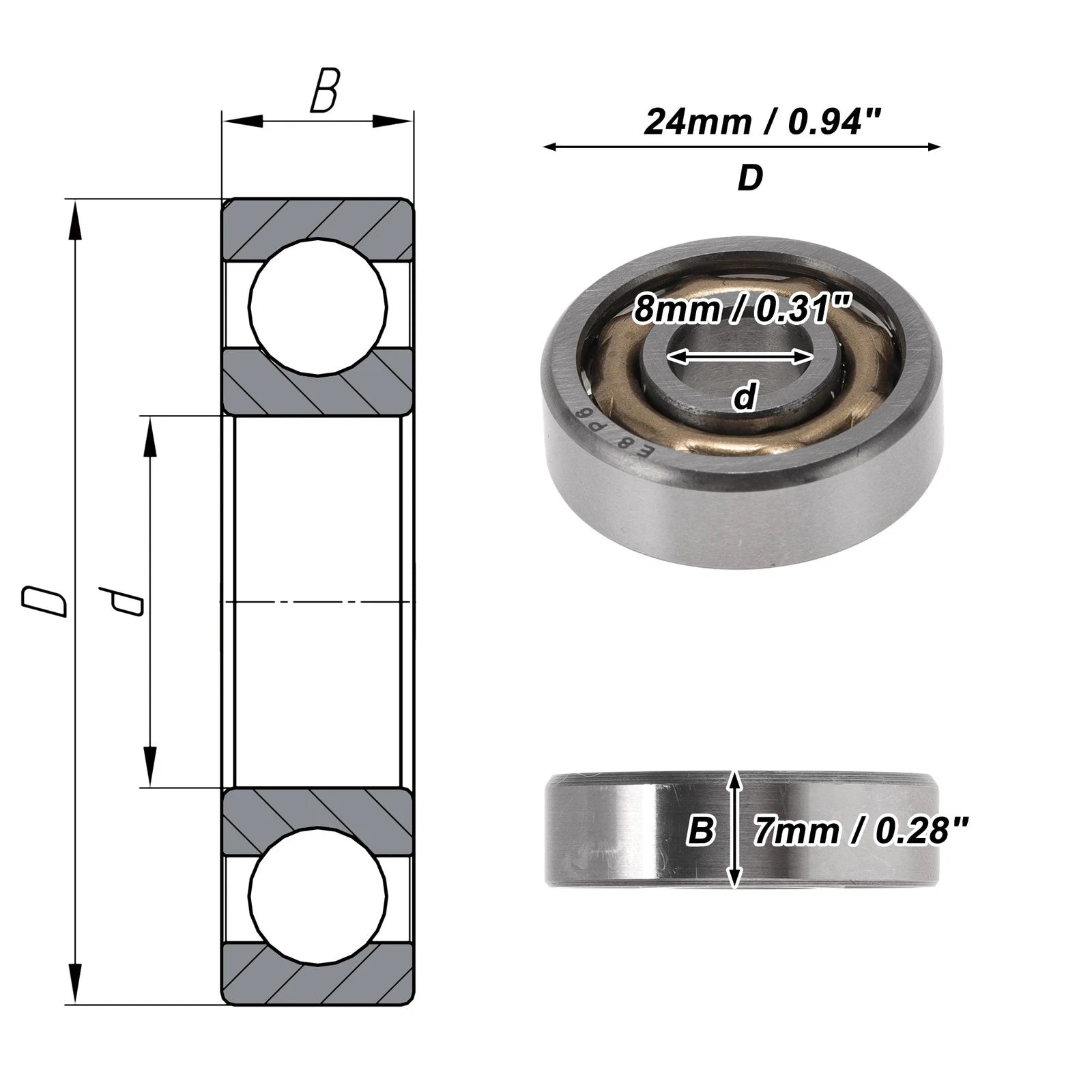 E8 Deep Groove Ball Bearings 8x24x7mm for Scooter Skateboard 