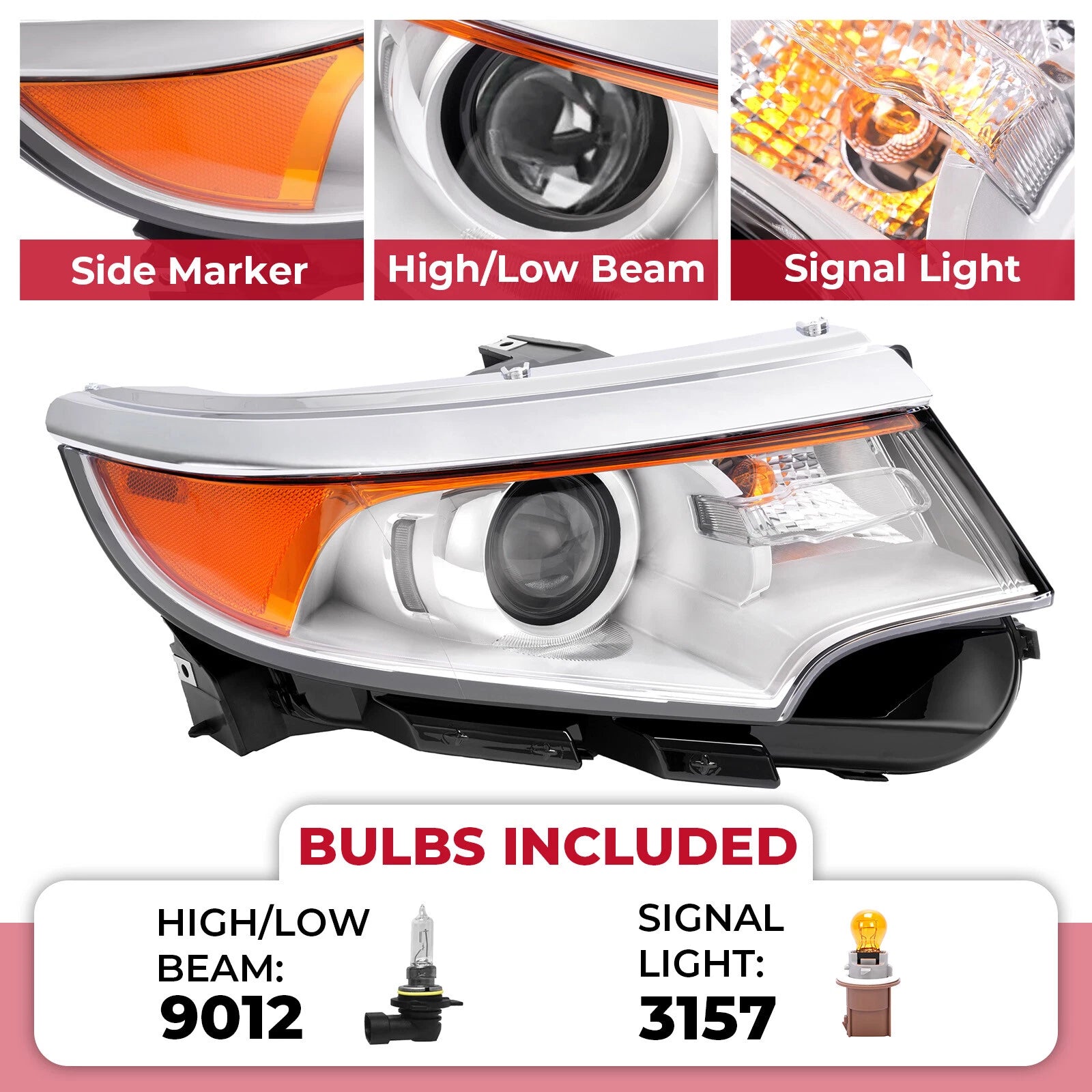 Halogen Projector Headlight for Ford Edge (2011–2014) 5 Pins Passenger