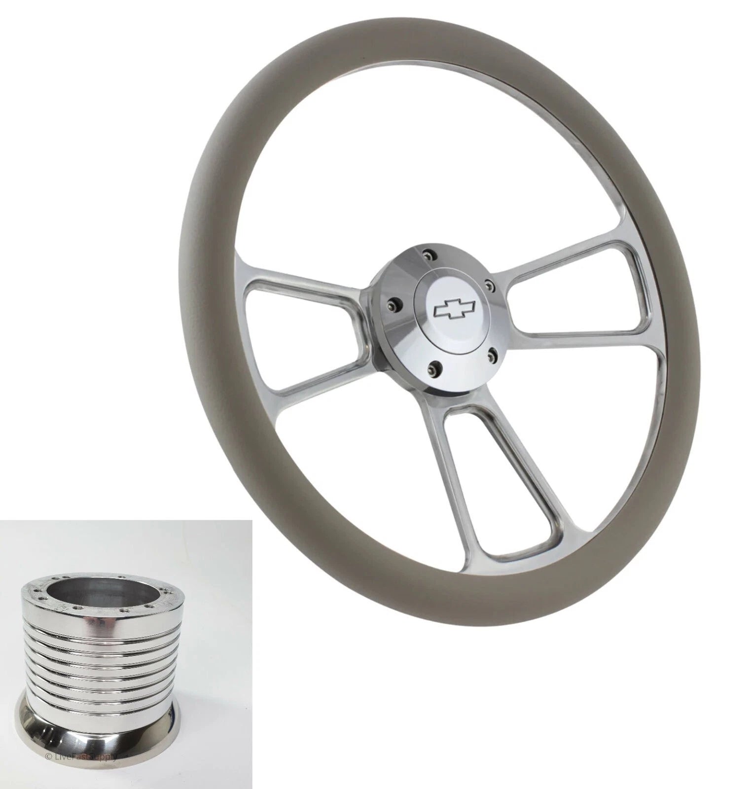14 Inch Polished Billet Steering Wheel with Grey Wrap for Universal Fit (—)