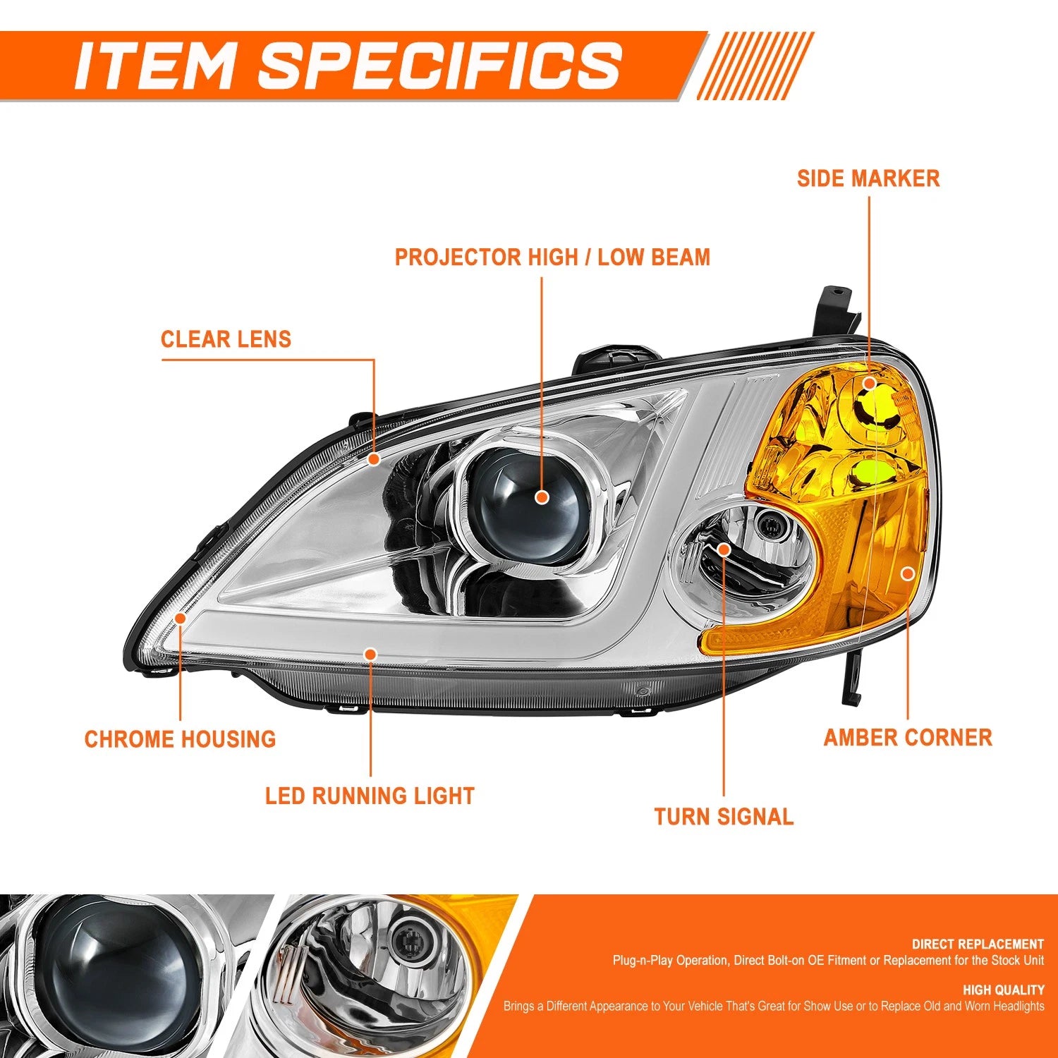 3D LED DRL Projector Headlights for Honda Civic Sedan (2001–2003) - Chrome/Amber