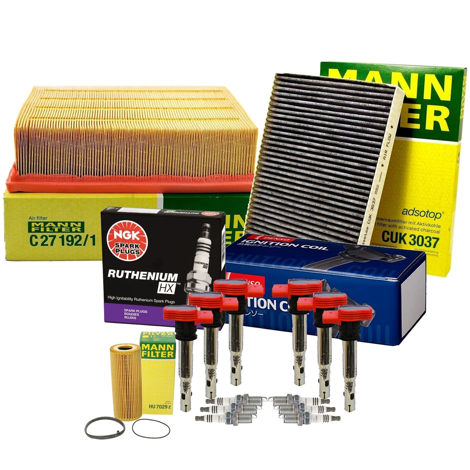 Set of 6 Spark Plugs & Coils for Audi BKH (NGK, Denso, Mann)