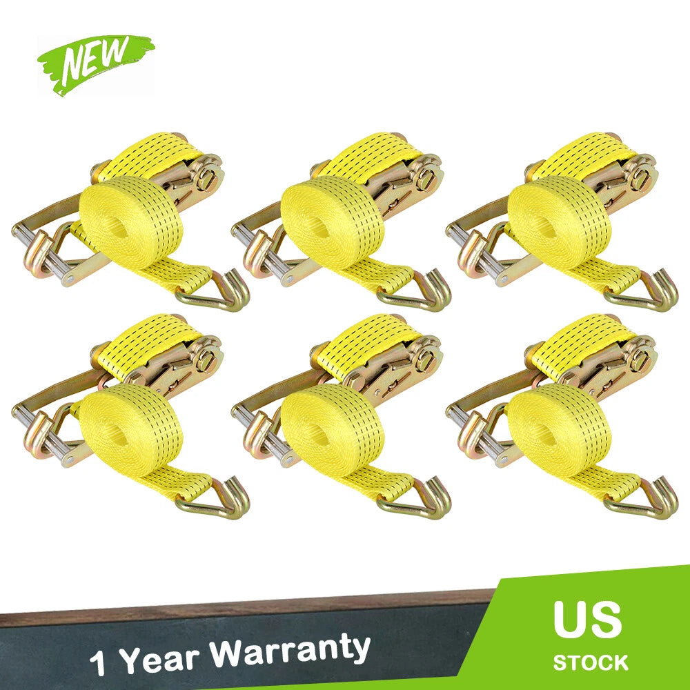 Set of 6 Ratchet Straps 2" x 15' 5000 lbs with J Hook Tie Downs