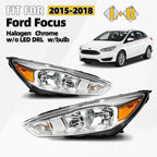 Chrome Halogen Headlights Pair for Ford Focus (2015–2018) W/Bulb W/O LED DRL